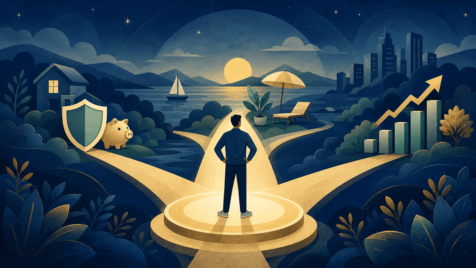 A savings milestone with paths for safety, flexibility, and investing