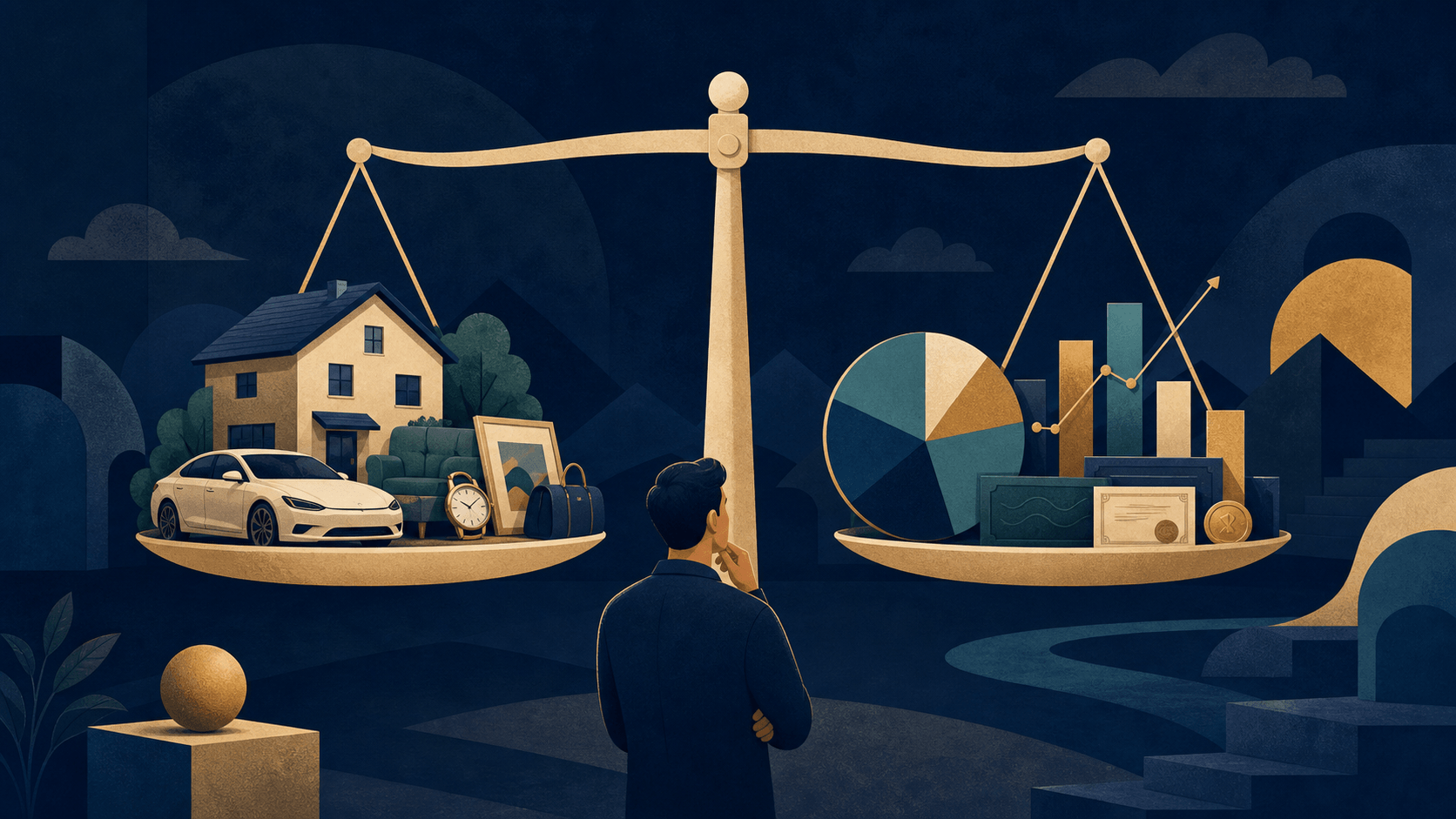 Balanced scales comparing investable assets and total net worth