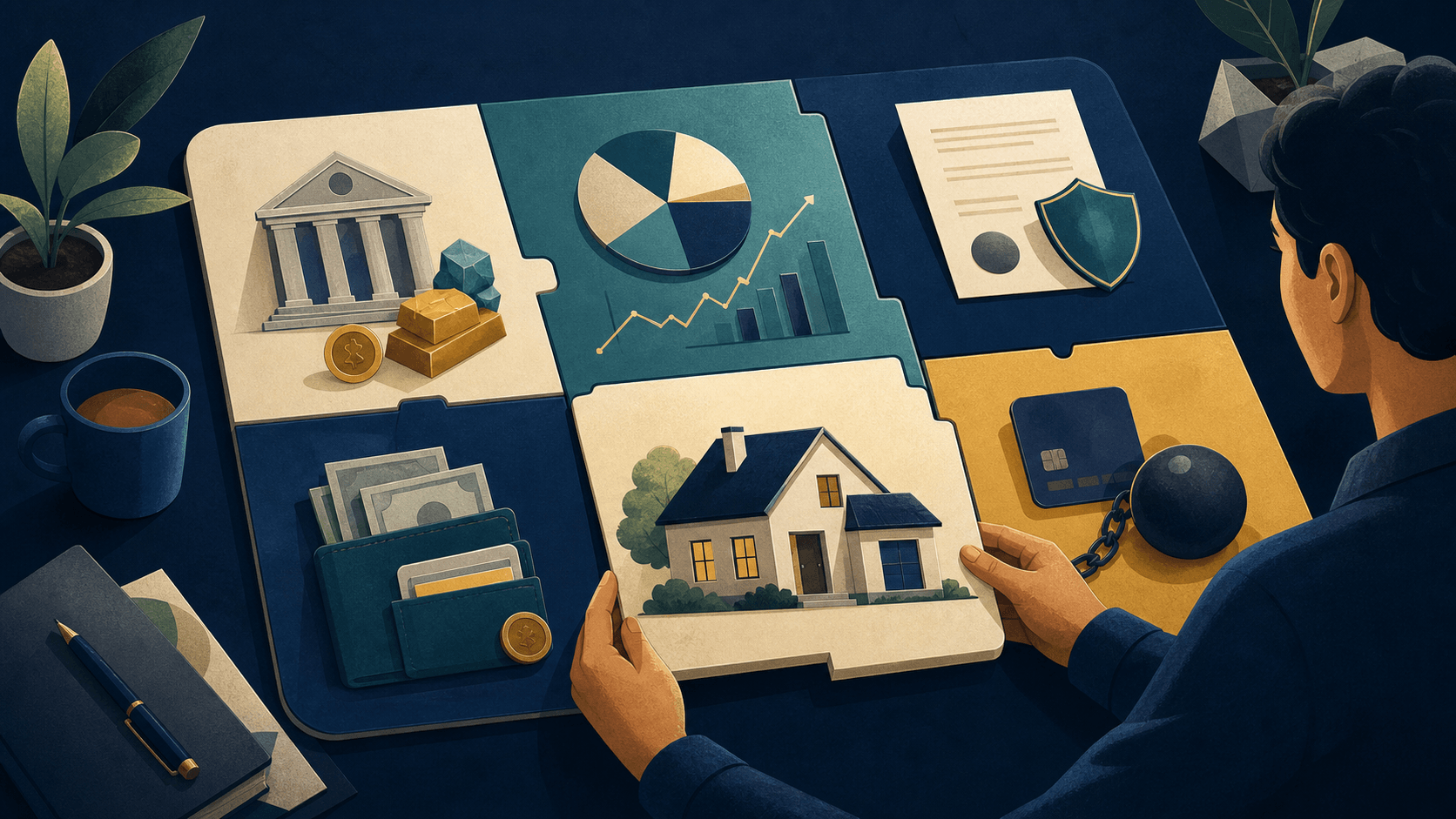A clear balance-sheet mosaic of assets and debts